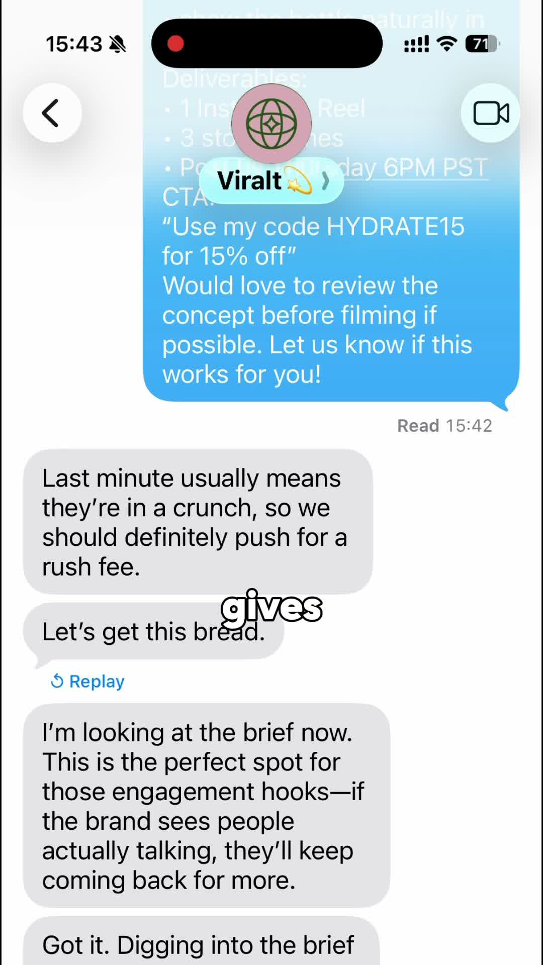 Viralt iMessage product workflow shown in Celeste's campaign video