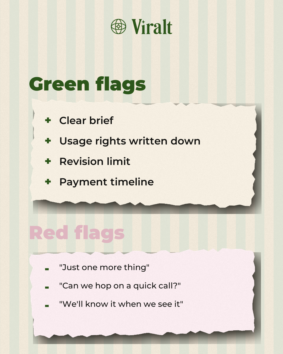 Viralt organic carousel comparing green and red flags in creator brand deals